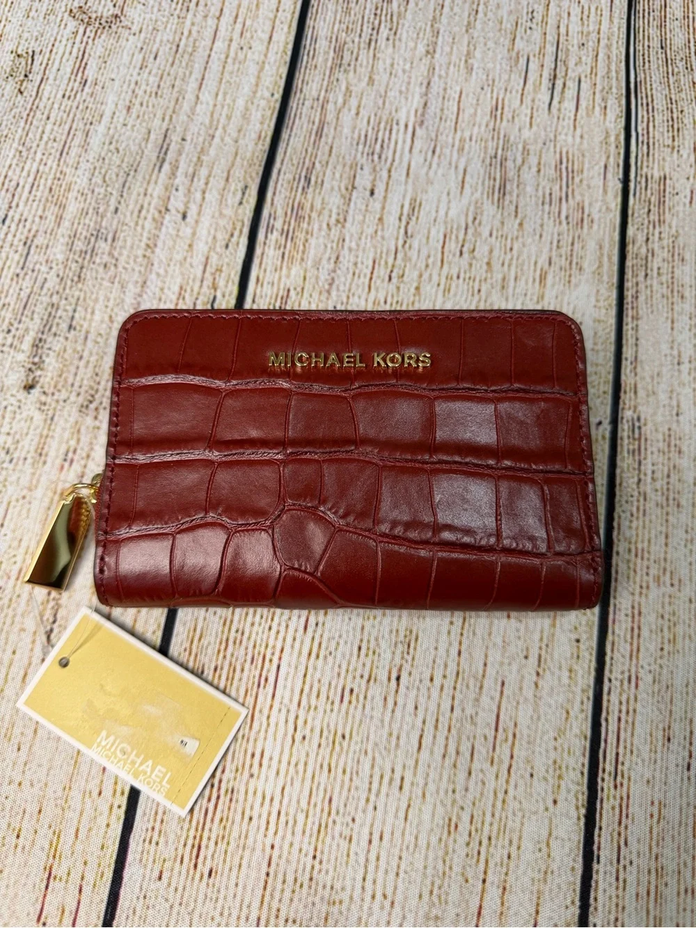 NWT Michael Kors Jet Set Croc Embossed Leather Card Case Wallet Brandy